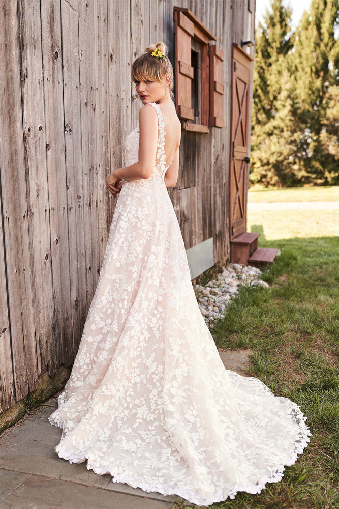 Train and back  of Cotton Lace Wedding Dress with Open Back and Detachable Sleeves by Lillian West - 66188