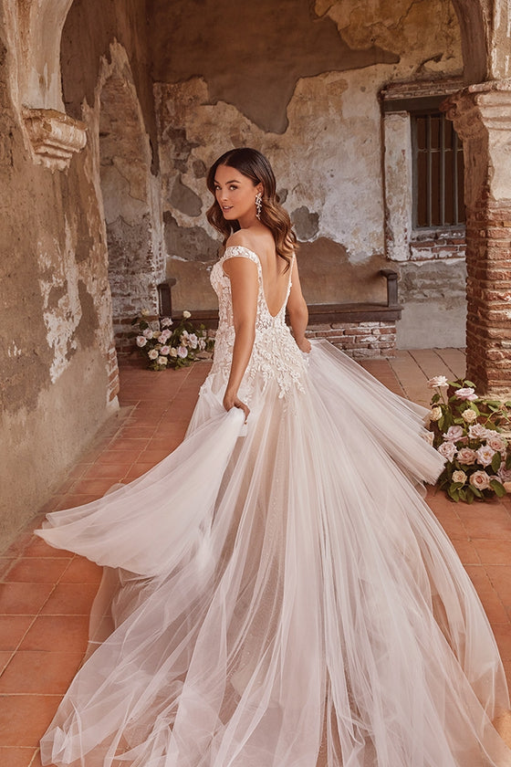 The full effect of the Lena soft and whimsical, lightweight, elegant, A-line bridal gown