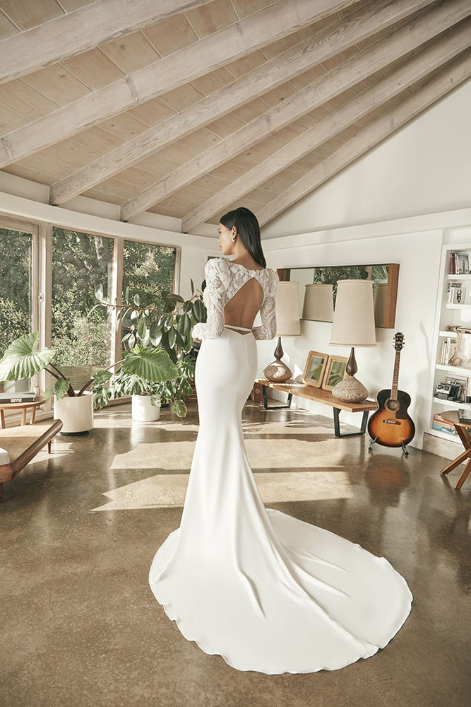 The back and train of the Shiloh bridal gown
