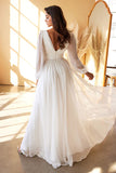Back of the Chloe glamorous and dreamy chiffon Boho bridal dress with long sheer sleeves and ruched waistband.