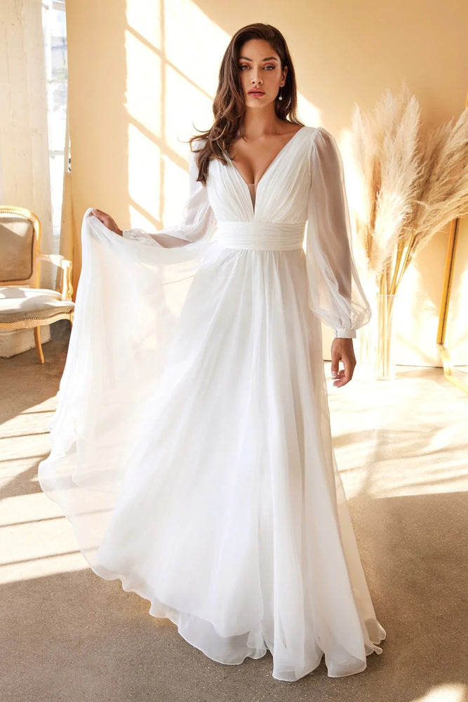 Glamorous and dreamy chiffon Boho bridal dress with long sheer sleeves and ruched waistband. | Chloe