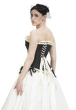 Finely tailored overbust corset in black taffeta matched with a full length petticoated skirt