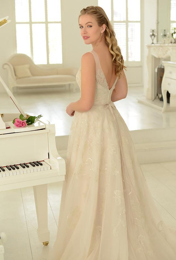 Sequin embroidered tulle Fifties style tea length wedding gown
