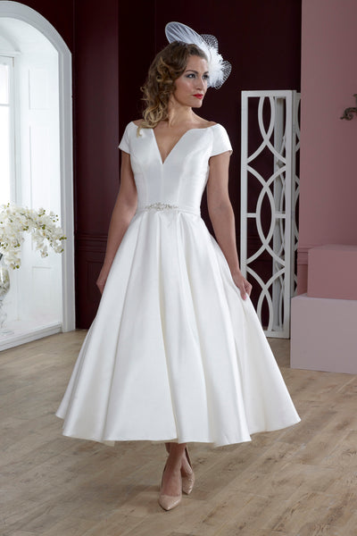 Front of short tea length wedding dress in luxury mikado