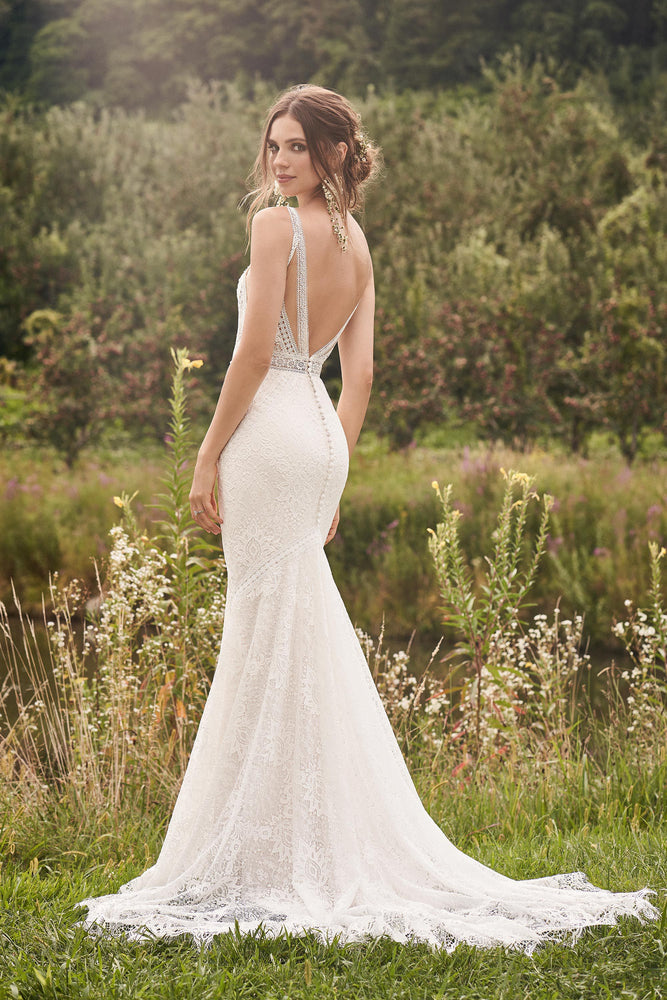 All-over Lace Wedding Gown with Trim Detail and Shaped Train by Lillian West - 66136