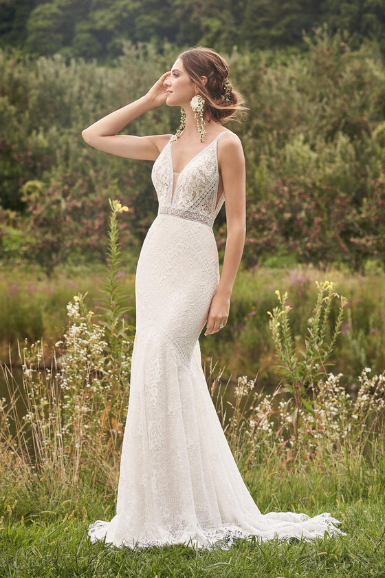 All-over Lace Wedding Gown with Trim Detail and Shaped Train by Lillian West - 66136