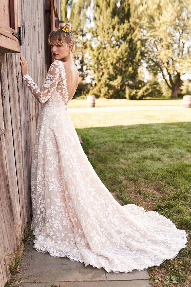 Train of Cotton Lace Wedding Dress with Open Back and Detachable Sleeves by Lillian West - 66188