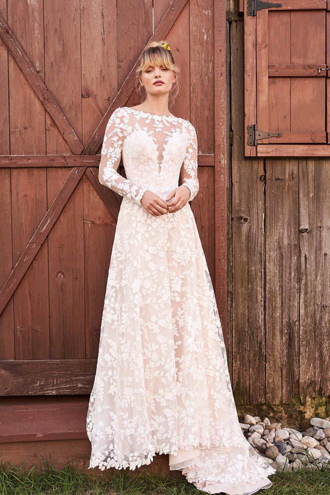Cotton Lace Wedding Dress with Open Back and Detachable Sleeves by Lillian West - 66188