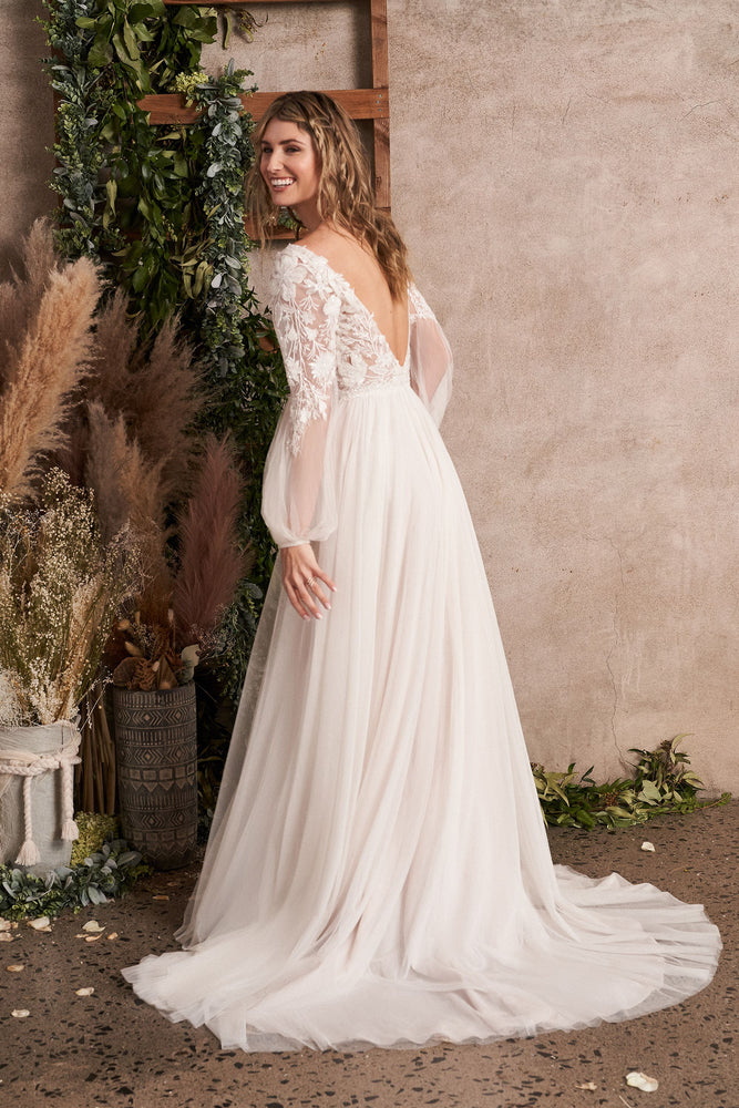 Image of back  of English net A-line bridal dress