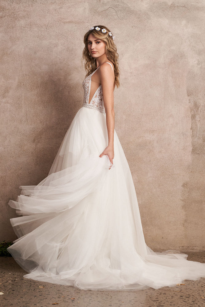 Side view of plunging V-Neck Bridal or Ball Gown by Lillian West