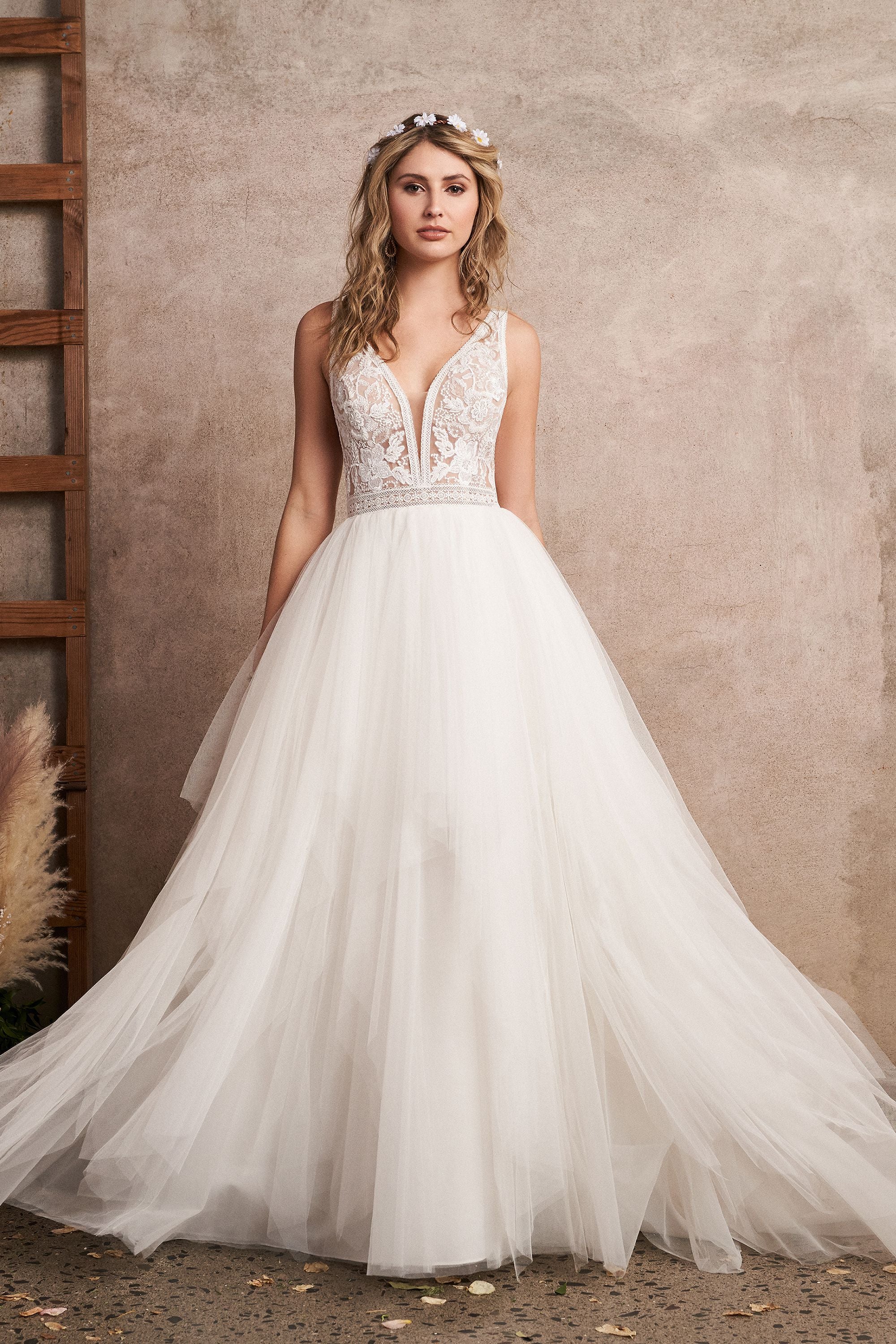 Plunging V-Neck Bridal Gown with Tulle Handkerchief Skirt by