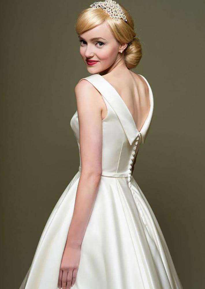 Ivory bridal satin tea length wedding gown also available in other colours