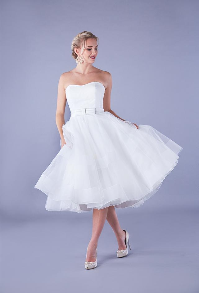 The swing of the Alba satin strapless Fifties style wedding dress