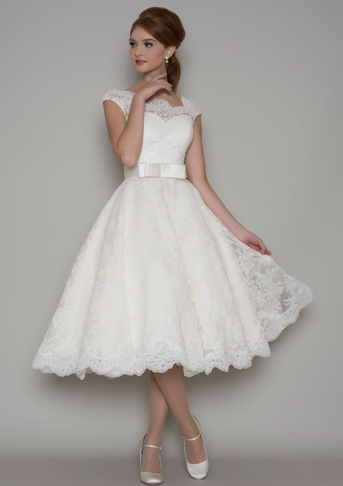 86-Florrie - Corded lace tea length wedding dress with a cap sleeve