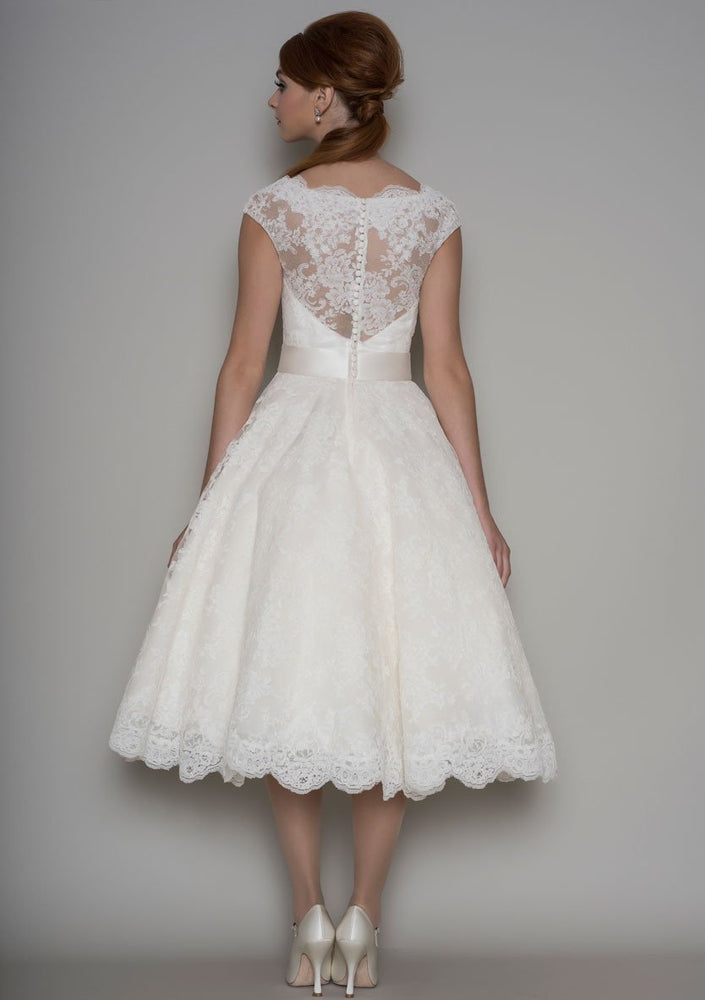 86-Florrie - Corded lace tea length wedding dress with a cap sleeve