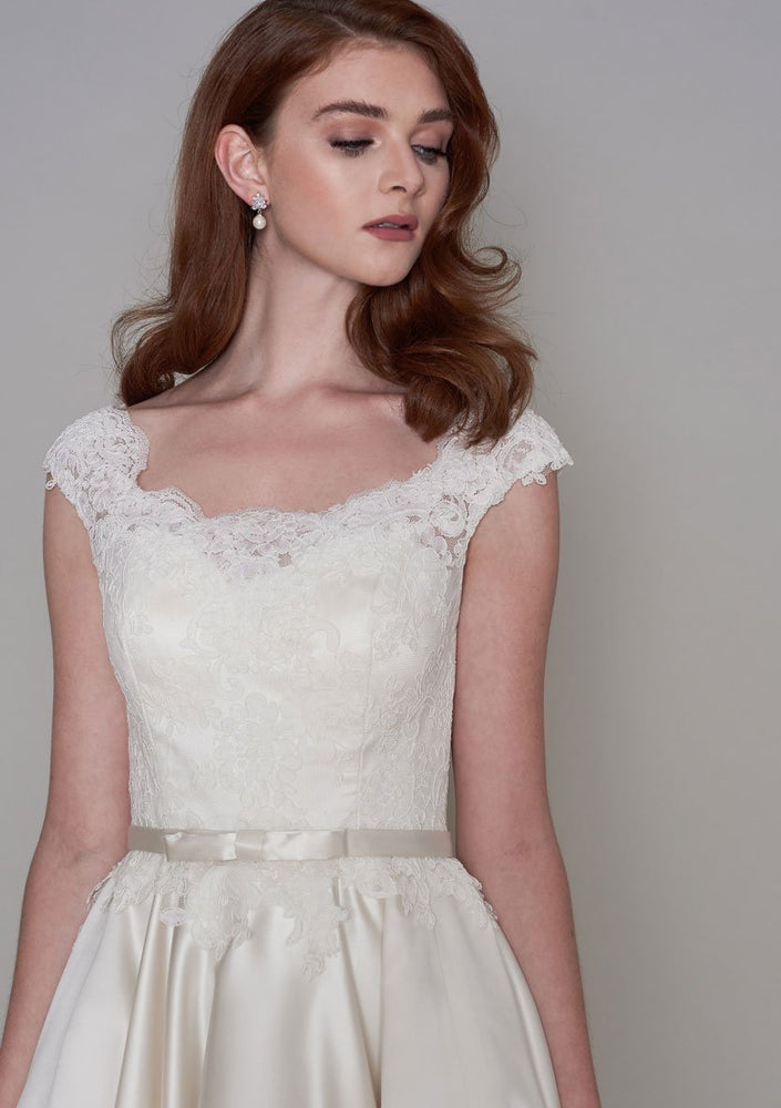 86-iris Tea Length vintage inspired lace bodice and full circular satin skirt wedding dress