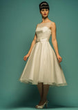 Organza overlay sweetheart bodice tea length wedding gown