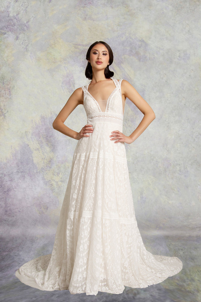 The Whitney is a pretty A-line gypsy style lace Boho wedding gown 86-whitney