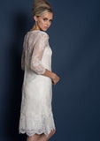 Side of Knee length classic 60's style silk duchess satin wedding dress