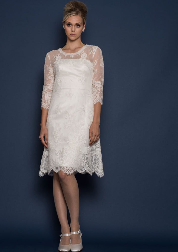 Knee length classic 60's style silk duchess satin wedding dress
