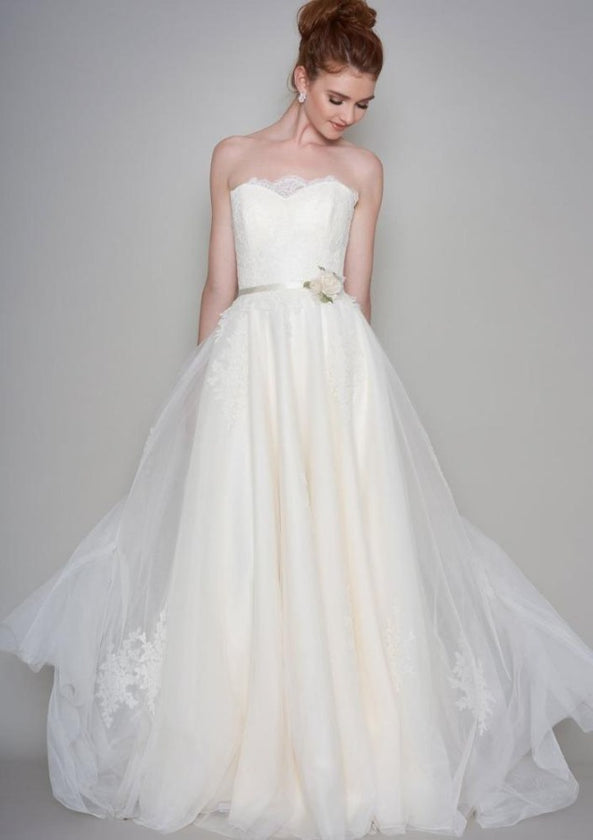 Full length tulle floaty boho bridal dress with lace bodice, trimmed with silk organza roses.