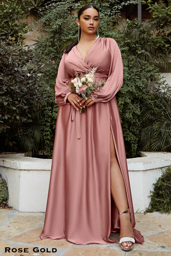 Light soft floor length satin bridesmaids gown with split blouson sleeves, wrap effect v-neck bodice and split skirt in Rose Gold.