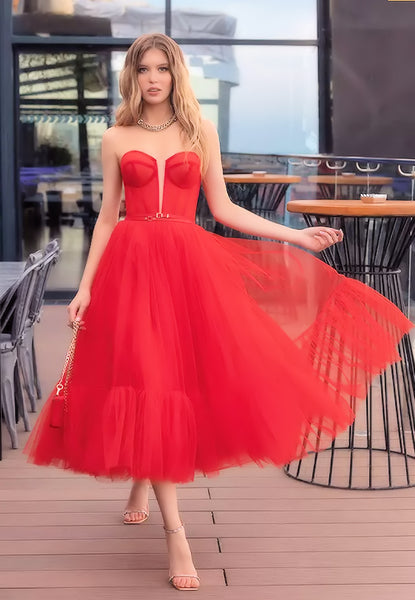 Luxury soft red tulle tea length wedding dress - om-carmine