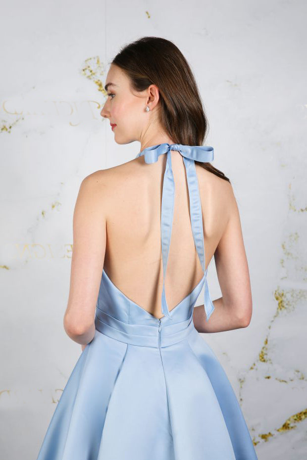 The low cut back of the Carrie tea length satin gown  | rd-carrie