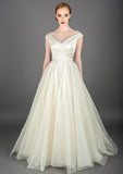 The full length Annette satin and organza 50's style wedding dress