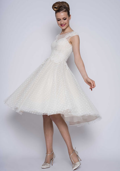 Image of Betty, a tea length vintage inspired dotty tulle dress with lace applique