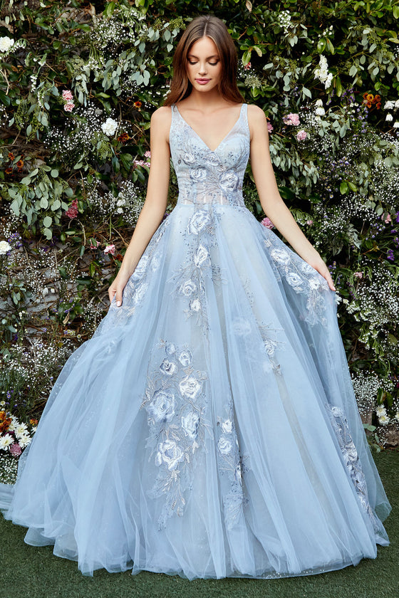 The Lilian is a pale blue embroidered alternative  wedding gown with layers of soft tulle skirt and sheer bodice finished with tiny crystals that catch the light and sparkle.