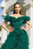 Spectacular red-carpet style Emerald ruffle bridal gown with off shoulder neckline, fitted corset bodice and glorious full skirt with layer upon layer of short soft ruffles | al-betsyemerald