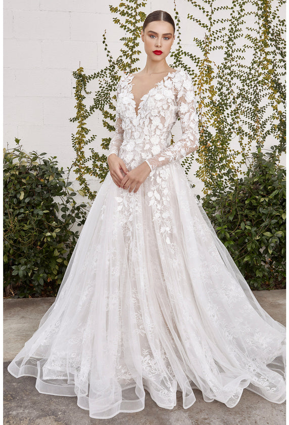 Beautiful white florals long sleeved bridal gown. | al-kim