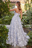 Back of floral organza full length gown with fitted bodice, lace back and full romantic floaty skirt | al-willow