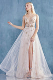 The Gabrielle is a starry, beaded V-neck tulle A-line wedding gown with leg slit al-gabrielle