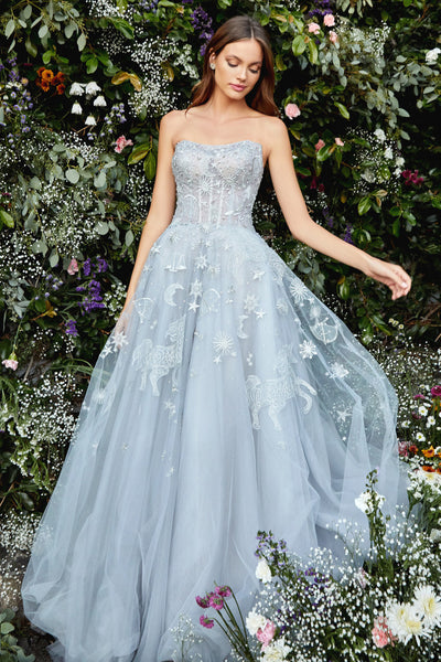 The Selene is a constellation dream sweetheart embroidered and tulle bridal, prom or ball gown with a corset back.