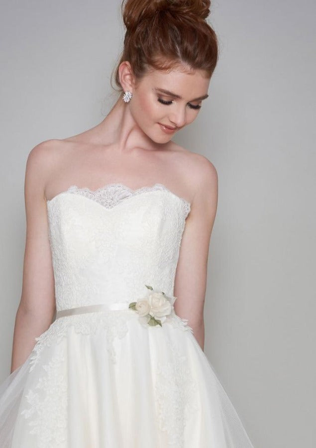 The bodice of the Bree full length wedding dress