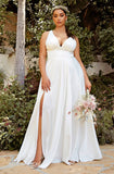 Satin Ivory A-line bridal dress with leg slit, open back and v-neckline