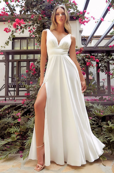Ivory satin A-line wedding dress with leg slit, open back and v-neckline