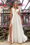 Satin Ivory A-line wedding dress with leg slit, open back and v-neckline