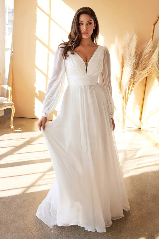 The Chloe glamorous and dreamy chiffon Boho bridal dress with long sheer sleeves and ruched waistband.