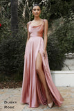 Lush long modern satin bridesmaid gown in Dusky Rose
