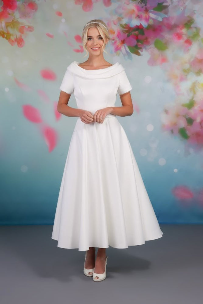 Classic design satin tea-length gown with soft A-line skirt and shawl collar  rd-nora