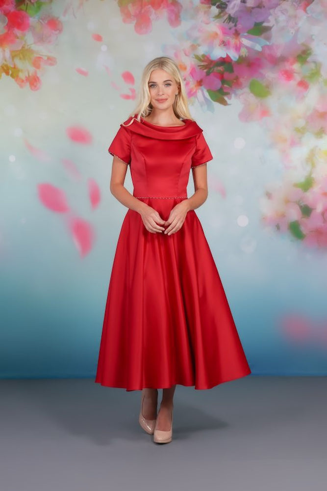 The classic design satin tea-length gown with soft A-line skirt and shawl collar in red rd-nora