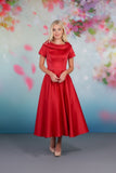 The classic design satin tea-length gown with soft A-line skirt and shawl collar in red rd-nora