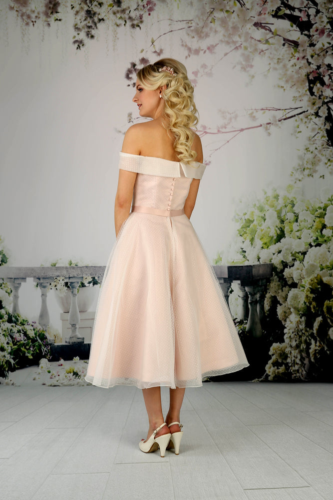 Back of the Peggy tea length bridal gown in rose