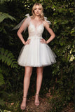 Short layered off white tulle dress with beaded bodice and tulle tie straps - Emily