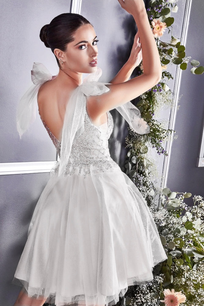 Back of the Emily short layered off white tulle dress with beaded bodice and tulle tie straps