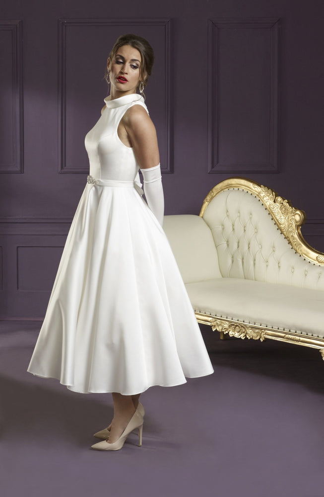Ivory satin tea length wedding dress with cut out back