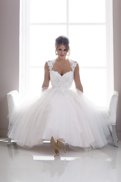 Lace and tulle tea length wedding gown